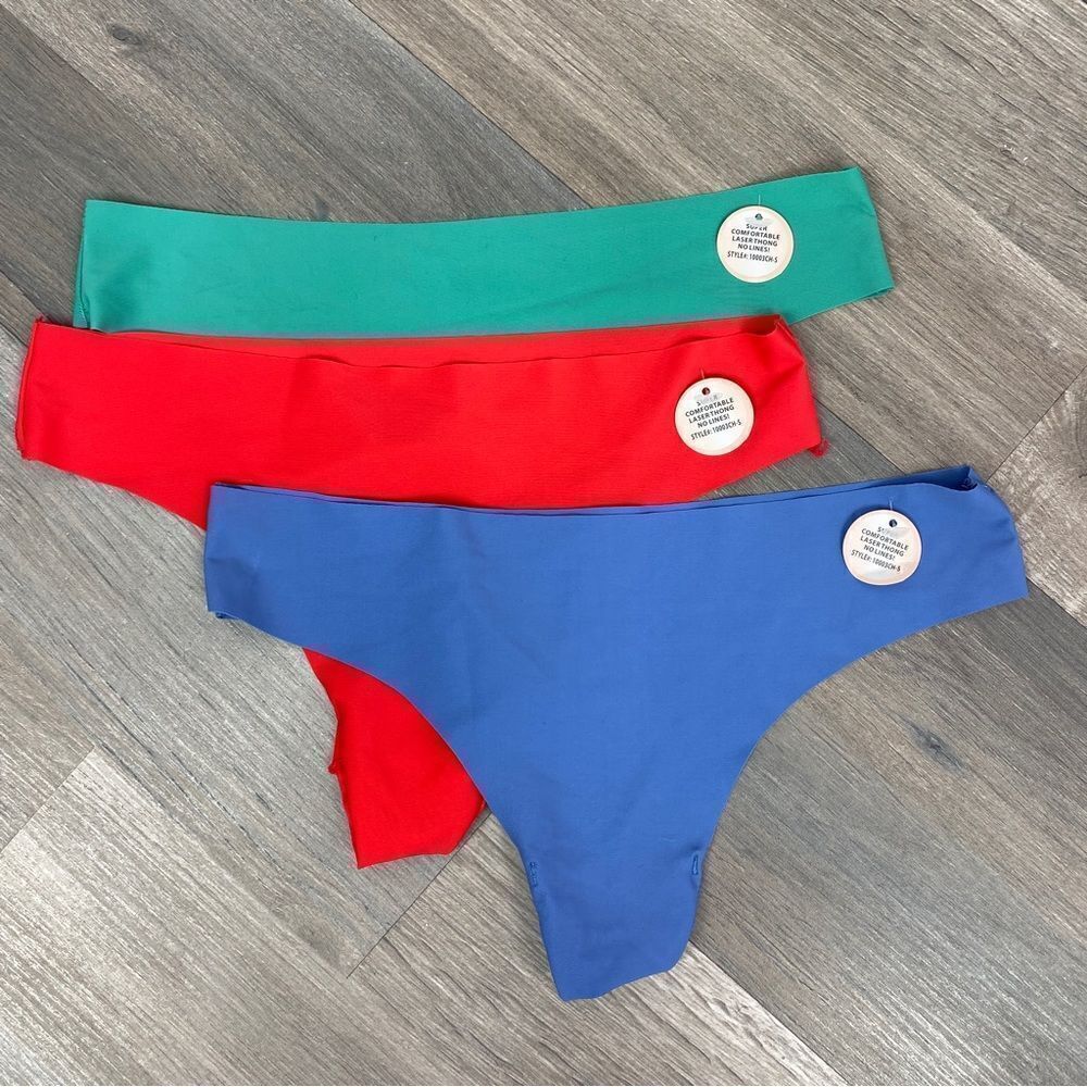 Laser Cut Thong Panties‎ 3 Pack Small Red Blue Green
